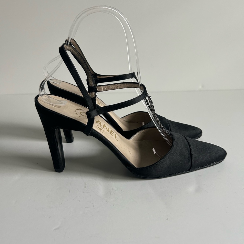 CHANEL Vintage Black Silk Satin T-Strap Heels Rhinestone Detail Karl Lagerfeld - Picture 5 of 13